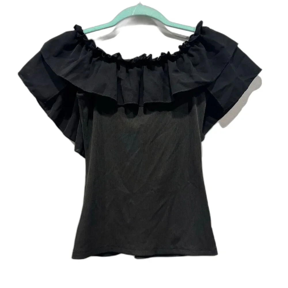 Top Ruffle Blouse Shirt Sleeveless Soft Stretch Black Girly Romantic Women Small - Picture 4 of 5